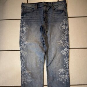 $88 Express vintage skinny high rise jeans white flower print/pearls/rhinestones